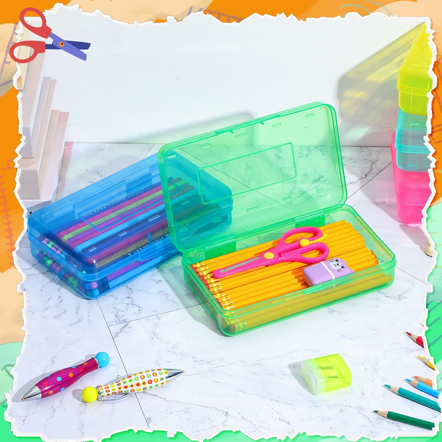Patelai 30 Pcs Large Capacity Pencil Case Bulk Clear Hard Plastic Pencil Box Organizer with Snap Tight Lid Stackable Crayon Storage Box for Kids School Classroom Home Office 2 Style (Multicolor)