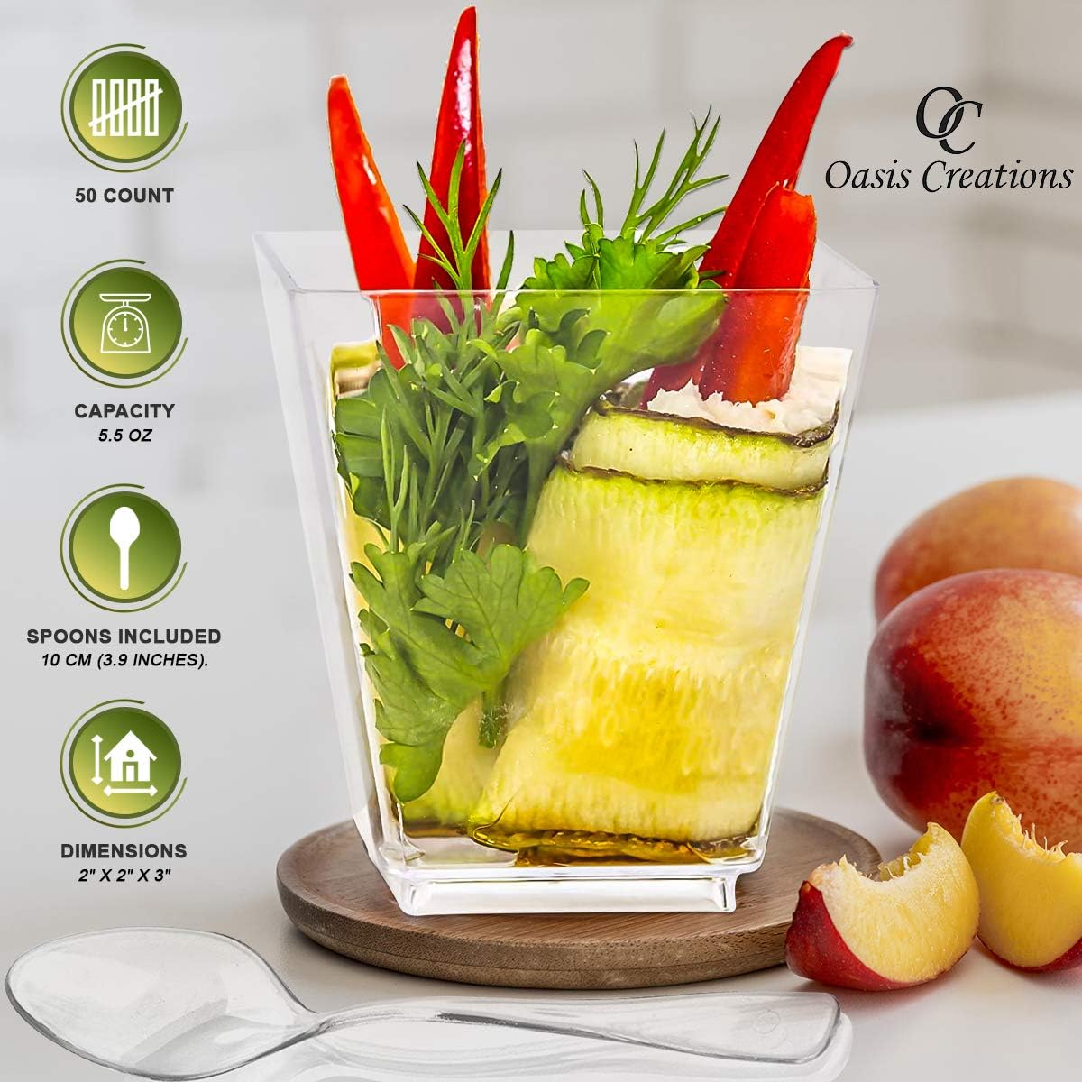 Square Dessert Cup - 5.5 ounce - 350 Count - Spoons Included - Clear Plastic - Large Appetizer Cup -Tall Dessert Cup-Tasting Cup- Parfait Cup-Disposable or Reusable