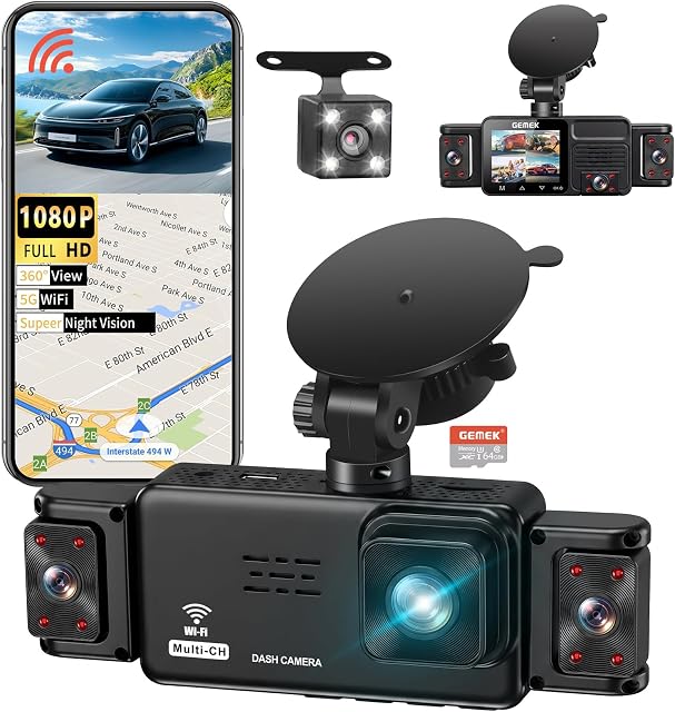 5 Channel Dash Cam 360° View 5G WiFi & APP Control, GEMEK 2K Front and Rear Inside, Left Right Dash Camera for Cars Free 64GB TF Card, G-Sensor, Night Vision, 24H Parking Mode