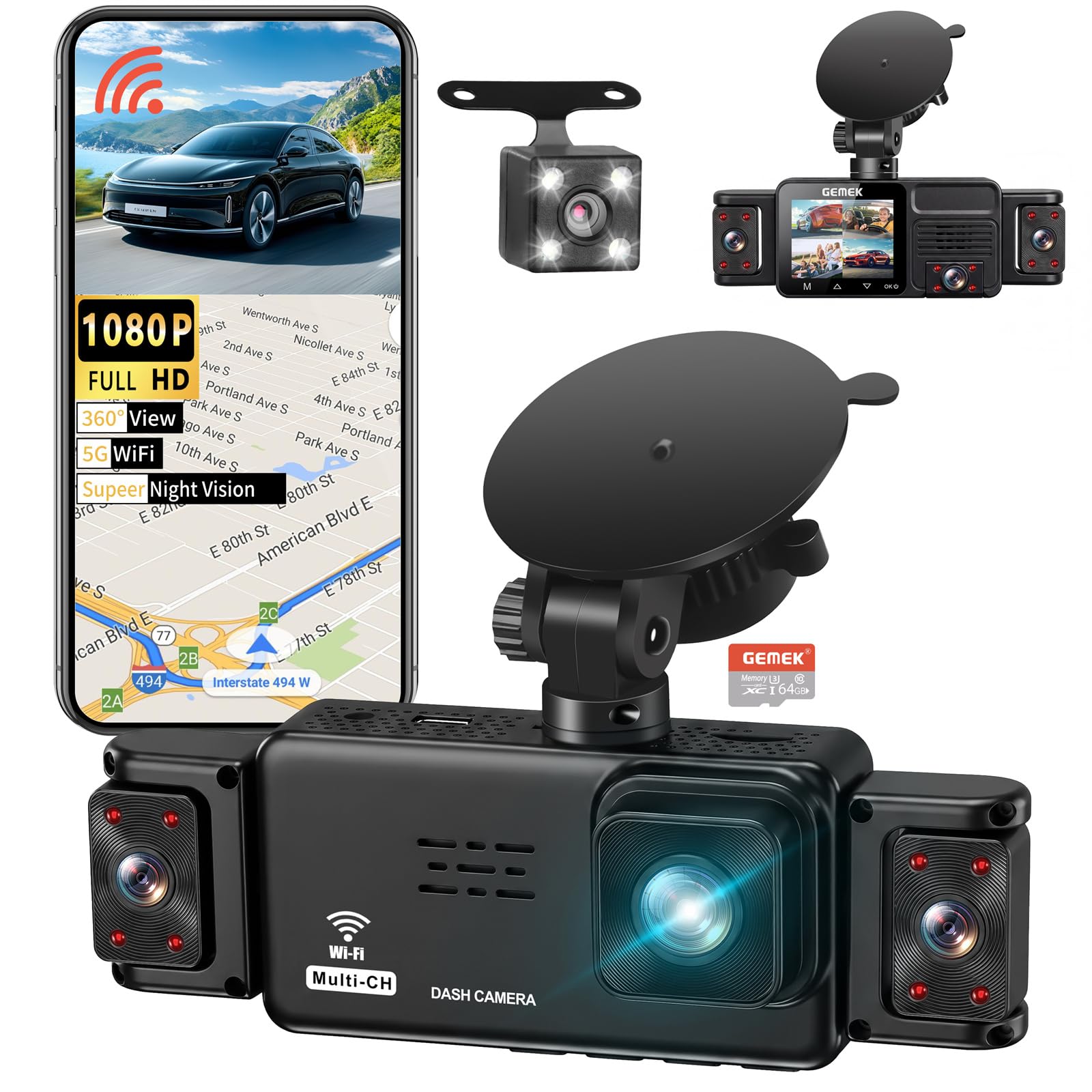 GEMEK 5 Channel Dash Cam 360° View
