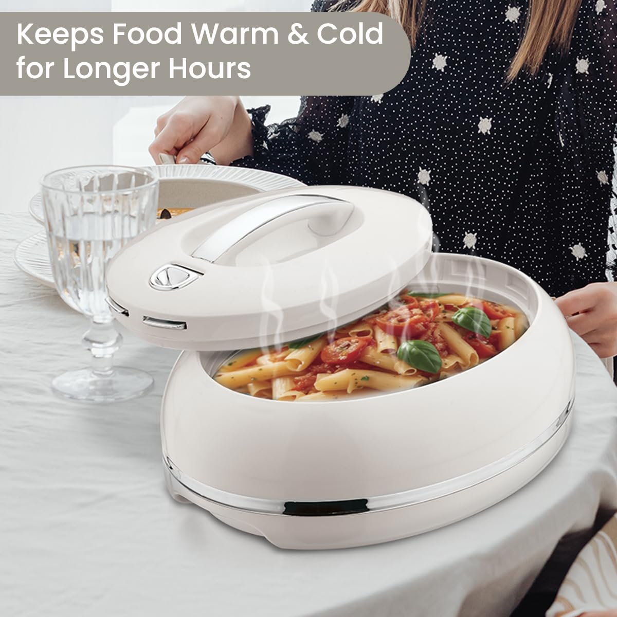 Elegante casseruola ovale isolata grande – coperchio aperto con una mano – 0,9 l – scaldavivande di lusso – ciotola termica per buffet/feste – contenitore per alimenti caldi in acciaio inox – argento