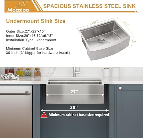 Miniatura 6 de Mocoloo - Fregadero de cocina de 27 x 22 pulgadas, delantal de fregadero de cocina de acero inoxidable de calibre 16, delantal curvado de un solo