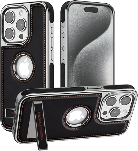 PULOKA for iPhone 15 Pro, Leather Covered Phone Case with Kickstand Phone Cases 