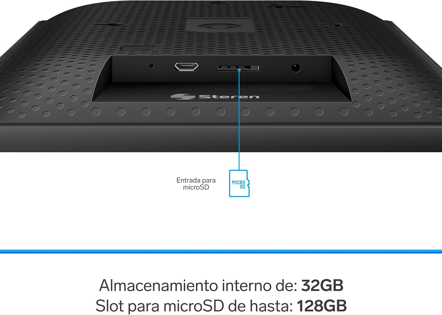 De cerca view of the back of the digital photo frame, highlighting the microSD card slot, micro USB port, and DC power input.