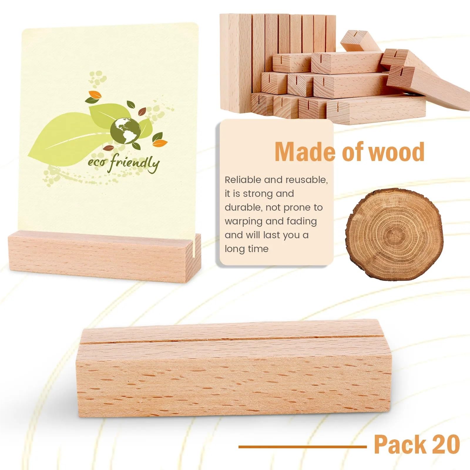 Tischkartenhalter aus Holz, 20 Stück, Tischkartenständer, Naturholz, Schilderhalter für Hochzeitstisch, Namensnummer, Bilder