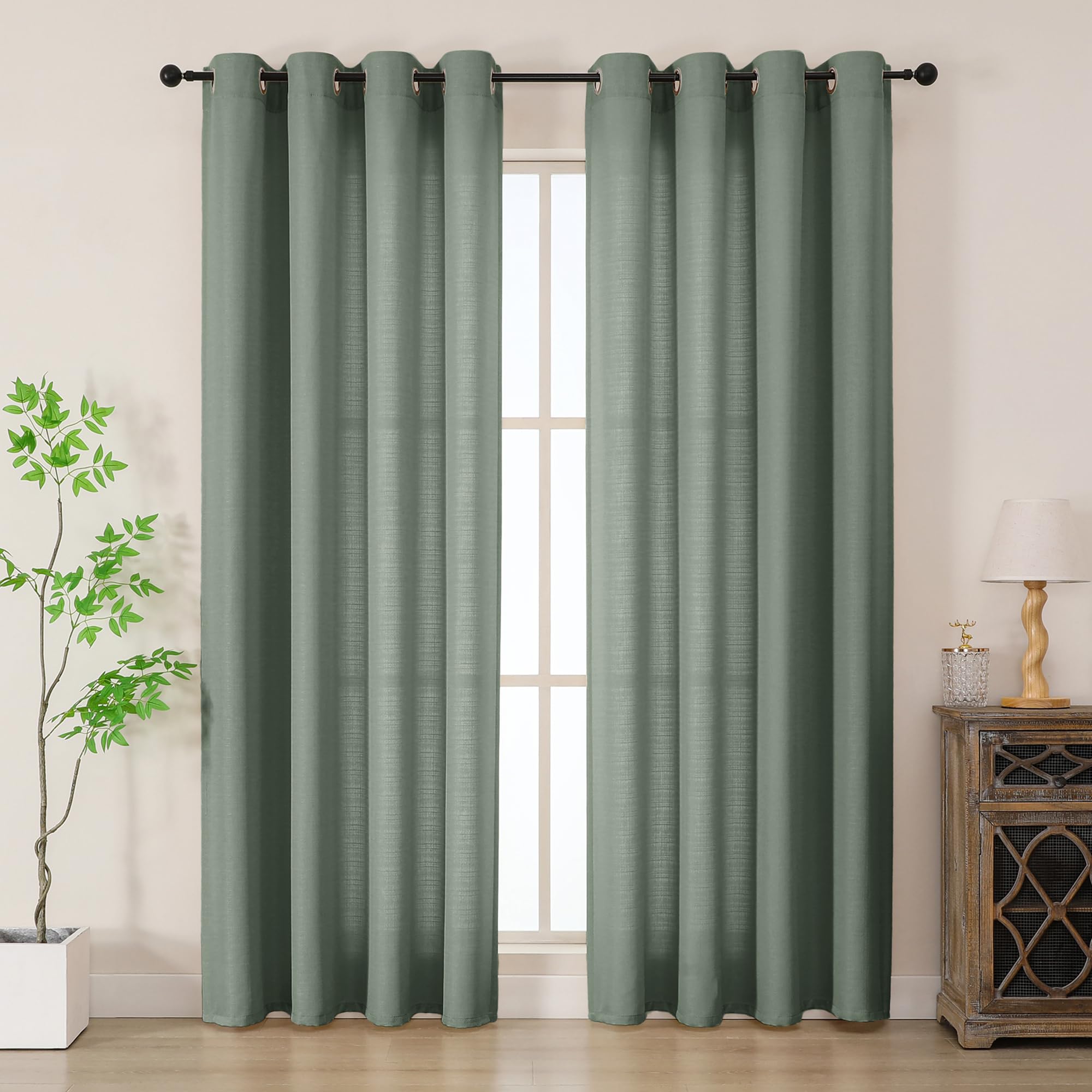 Simplebrand Green Faux Linen Texture Curtain 200 CM Drop, Privacy Curtain for Living Room/Bedroom/Patio Door, Lightweight Semi Translucent Panels with Elegant Eyelet Top, Set of 2, W140 x H 200 CM โ image 1