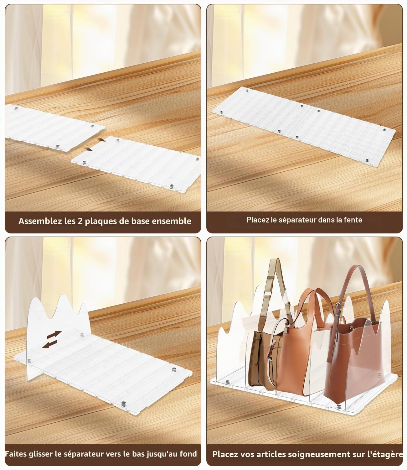 Lot de 10 Séparateurs de Sacs à Main en Forme de Montagne, Organisateur Dressing Ajustable avec Base à Fentes et Diviseurs Ajustables, Rangement pour Dressing, Placard, Chambre et Cuisine