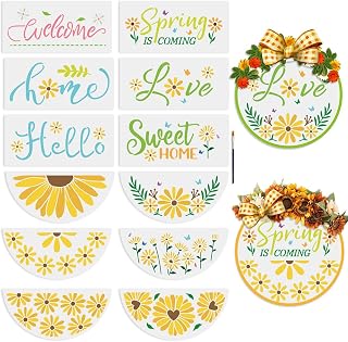 MAYJOYDIY 12pcs Daisy Flower Welcome Stencil for Painting on Wood Floral Plant Half Round Stencils 12inch Free Combination Spring Summer Nature Stencils with Brush for Porch Door Wood Sign