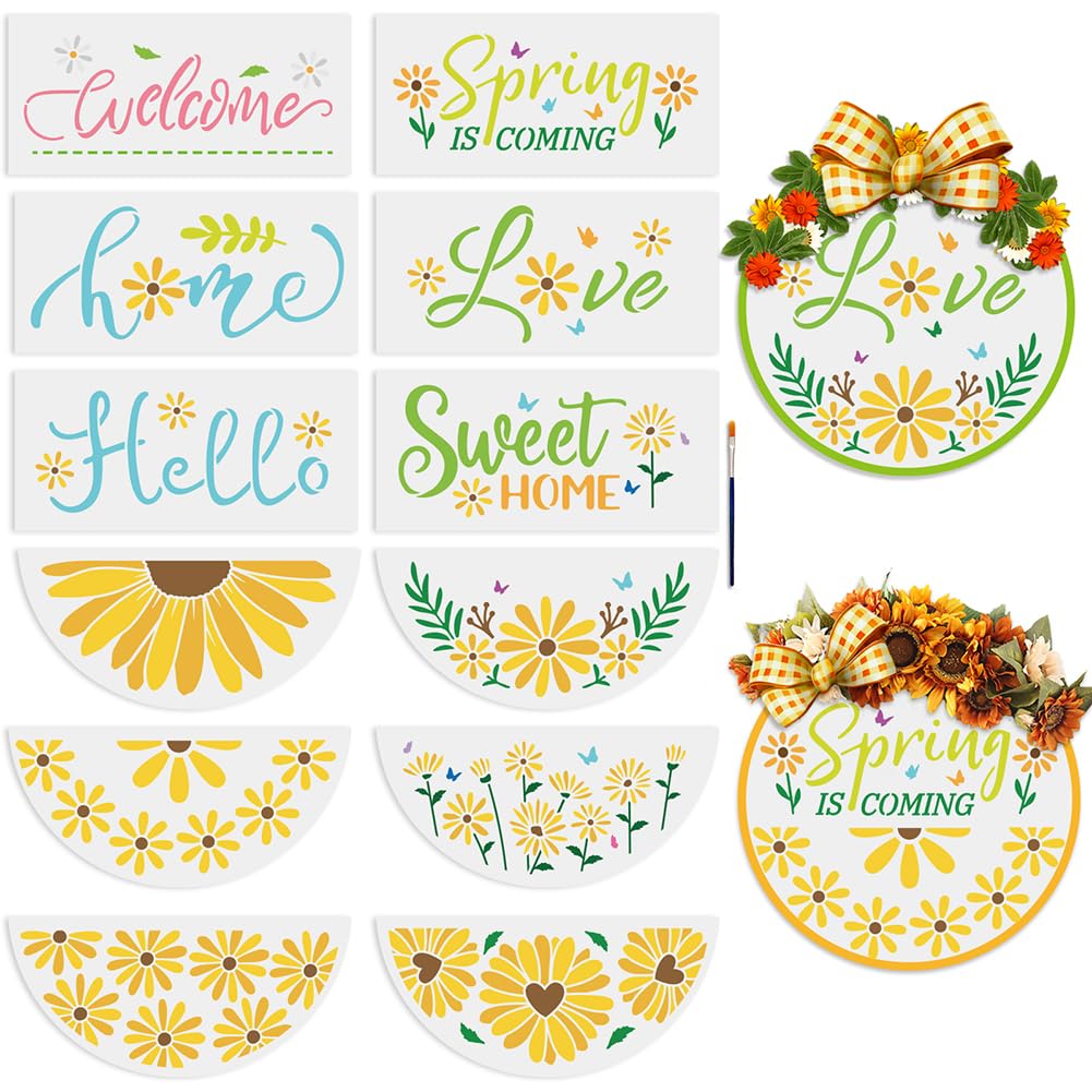 MAYJOYDIY 12pcs Daisy Flower Welcome Stencil for Painting on Wood Floral Plant Half Round Stencils 12inch Free Combination Spring Summer Nature
