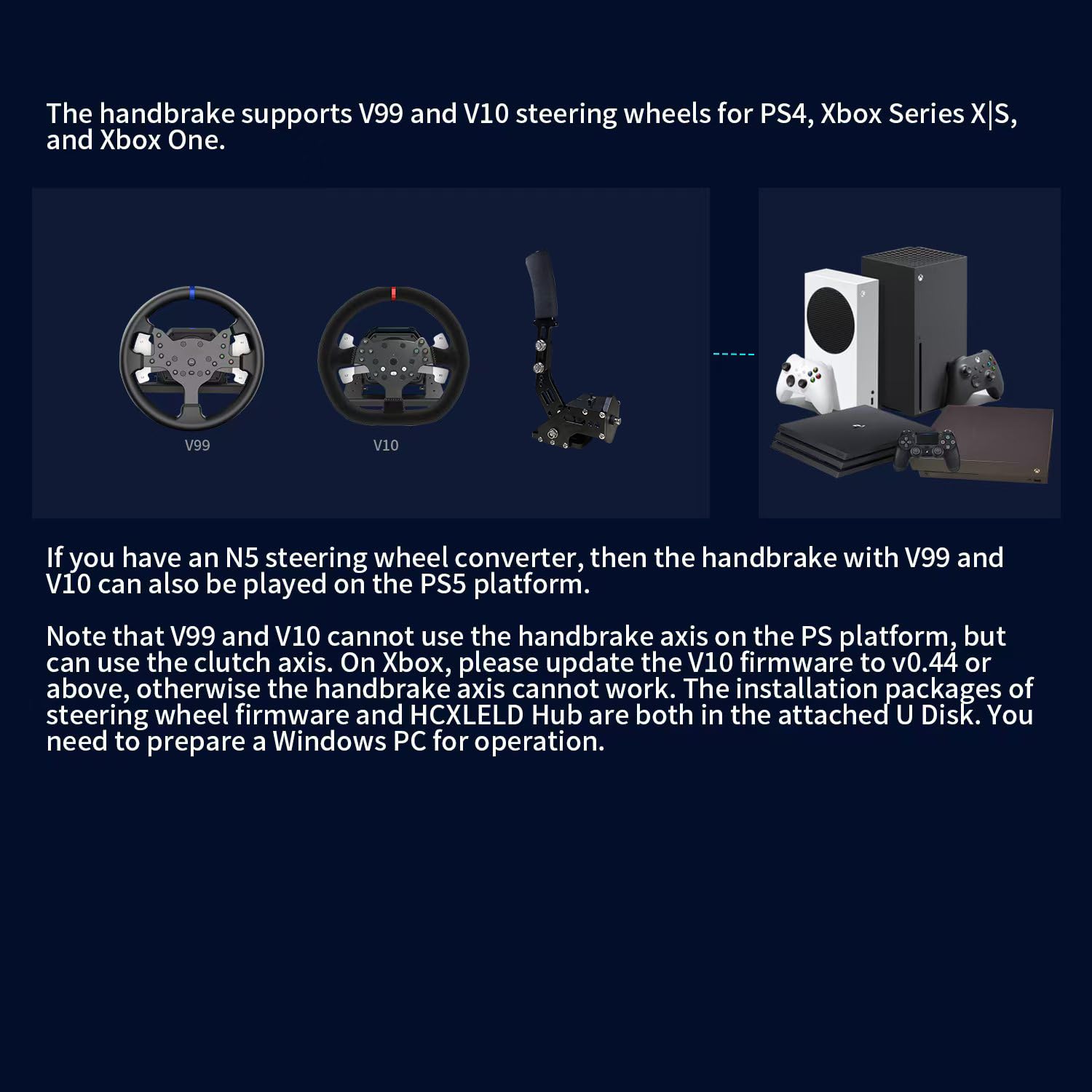 HCXLELD Sim Racing Freno de mano, volante V99 V10 compatible con PS4, Xbox Series X/S, Xbox One, todas las ruedas de carreras para Windows