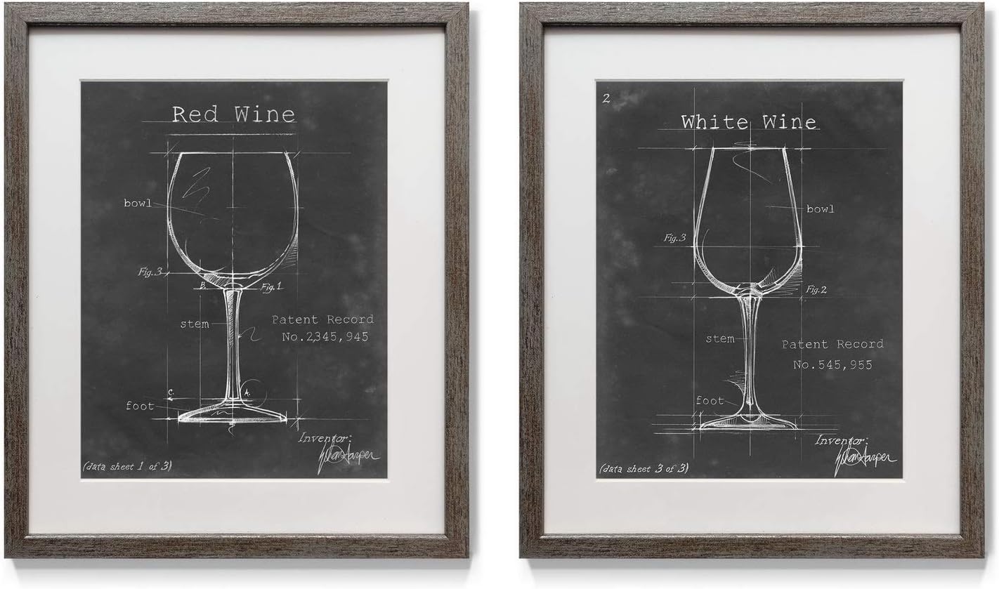 Renditions Gallery Barware (2) 2 Piece Framed Artwork Set, Wine Glass Blueprint, Modern Bar Decor, Liquor Glasses, Distressed Silver Frame, White Mat, Plexiglass, 16 in W X 20 in H, Made in America