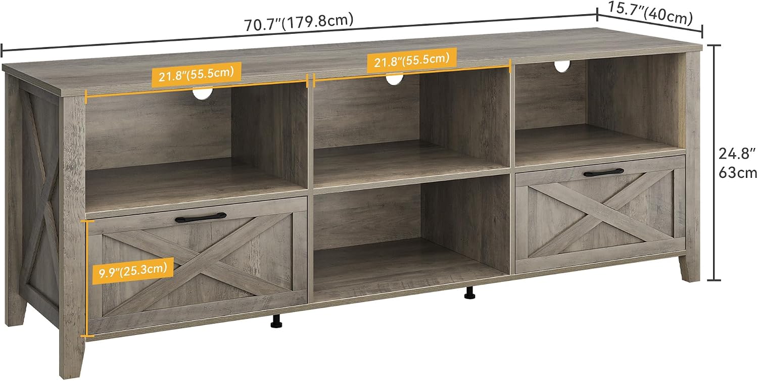 Diagram showing the dimensions of the DWVO 70 Inch Farmhouse TV Stand
