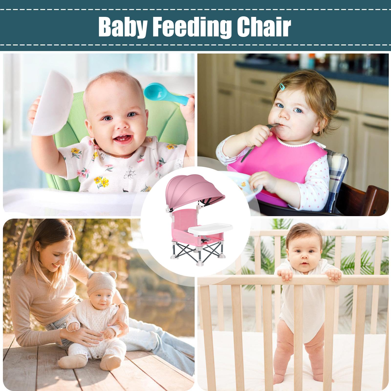 Baby Folding Chair, Toddler Dining Seat, Portable Feeding Tray, Foldable Design, Built-In Canopy, Safety Harness, Easy Setup, Meals, Perfect for Camping, Beach, 14.96x12.2x14.57 inches