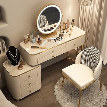 Vanity Desk, Vanity Table Made of Solid Wood, with LED Light Vanity Mirror, Vanity Set 6 Drawers,Retractable TV Cabinet Combination Color White Vanity Set of Chair, Size 80cm