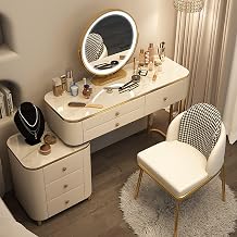 Vanity Desk, Vanity Table Made of Solid Wood, with LED Light Vanity Mirror, Vanity Set 6 Drawers,Retractable TV Cabinet Combination Color White Vanity Set of Chair, Size 80cm