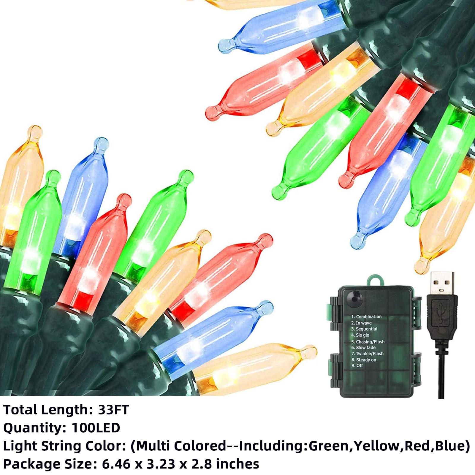 Guirnalda de luces de Navidad de 33 pies con 100 luces LED y función de memoria de temporizador, a baterías o USB, resistente al agua, para decoración de interiores y exteriores (multicolor) 8