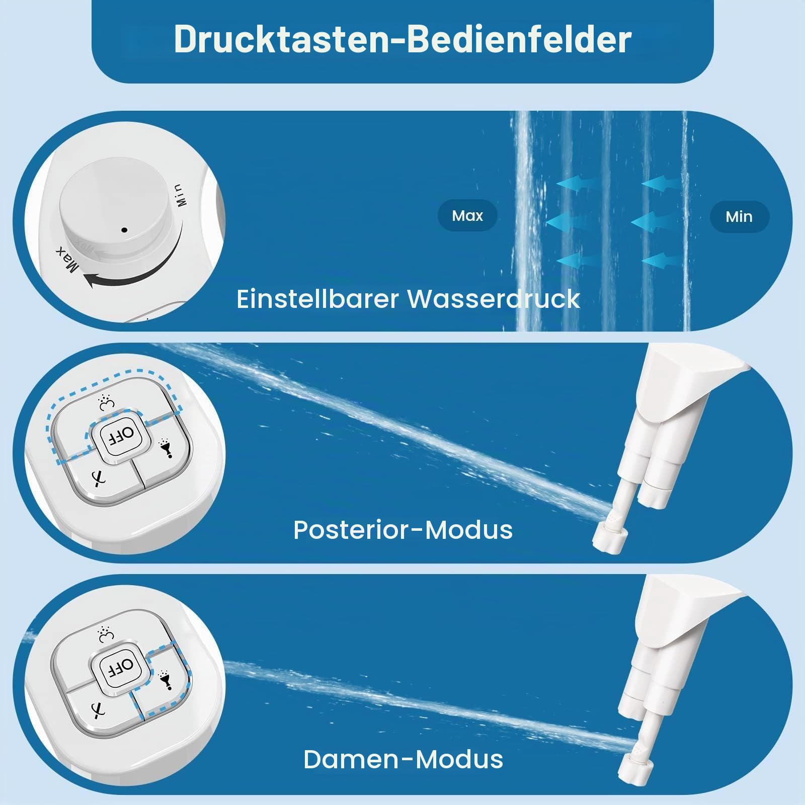 Bidet Aufsatz Für Toilette, Nichtelektrisch Schlankes Druckknopf Bidet WC, Einziehbare Selbstreinigende Doppeldüsen（Verstopfungsschutz）Und Drehknopf Zur Einstellung Des Wasserdrucks (Weiß)
