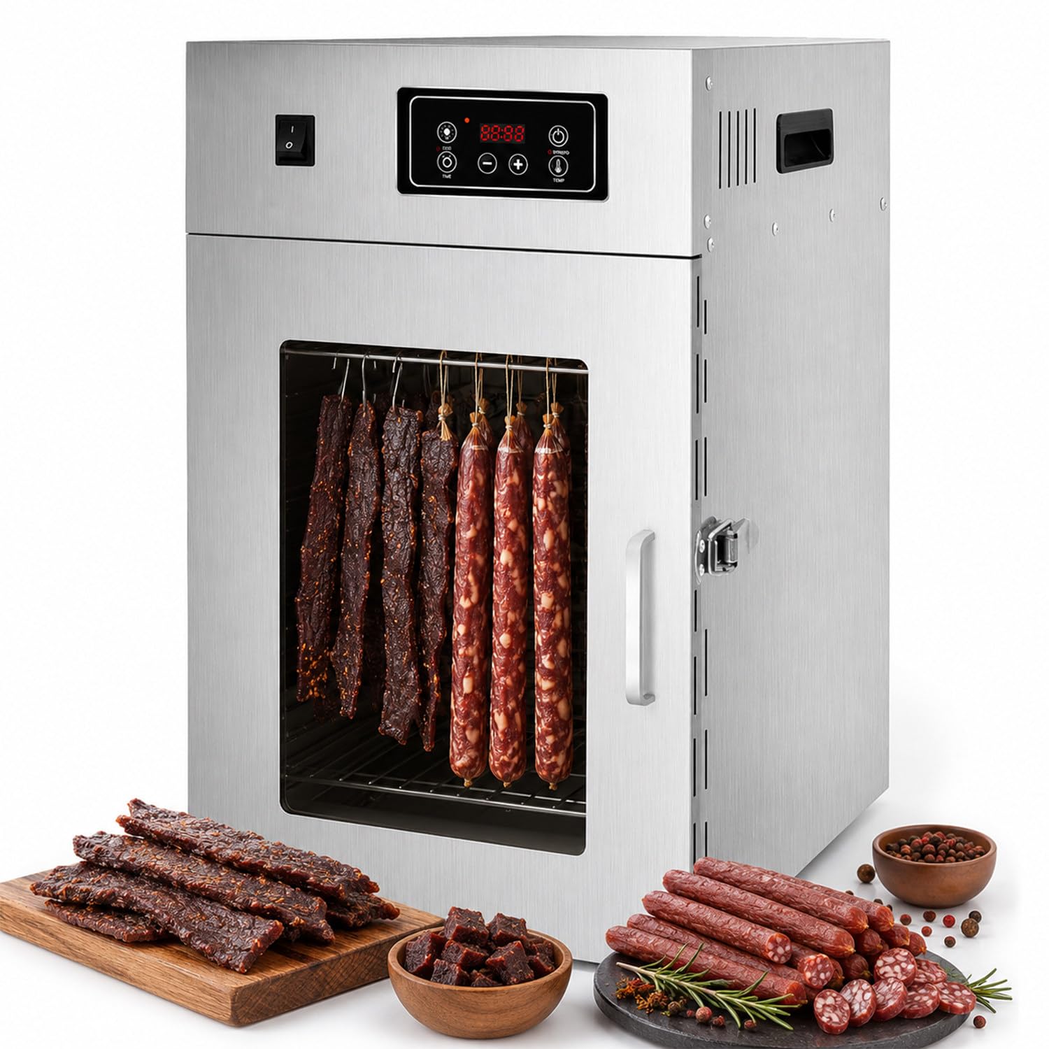 twostronking 800w Meat Curing Cabinet, 360° Rotary Sausage Dryer, Adjustable 30–90°C, With LED Control Panel and 14 Hooks, 7.5kg Capacity, 24-Hour Timing, For Sausages, Bacon, And Chicke