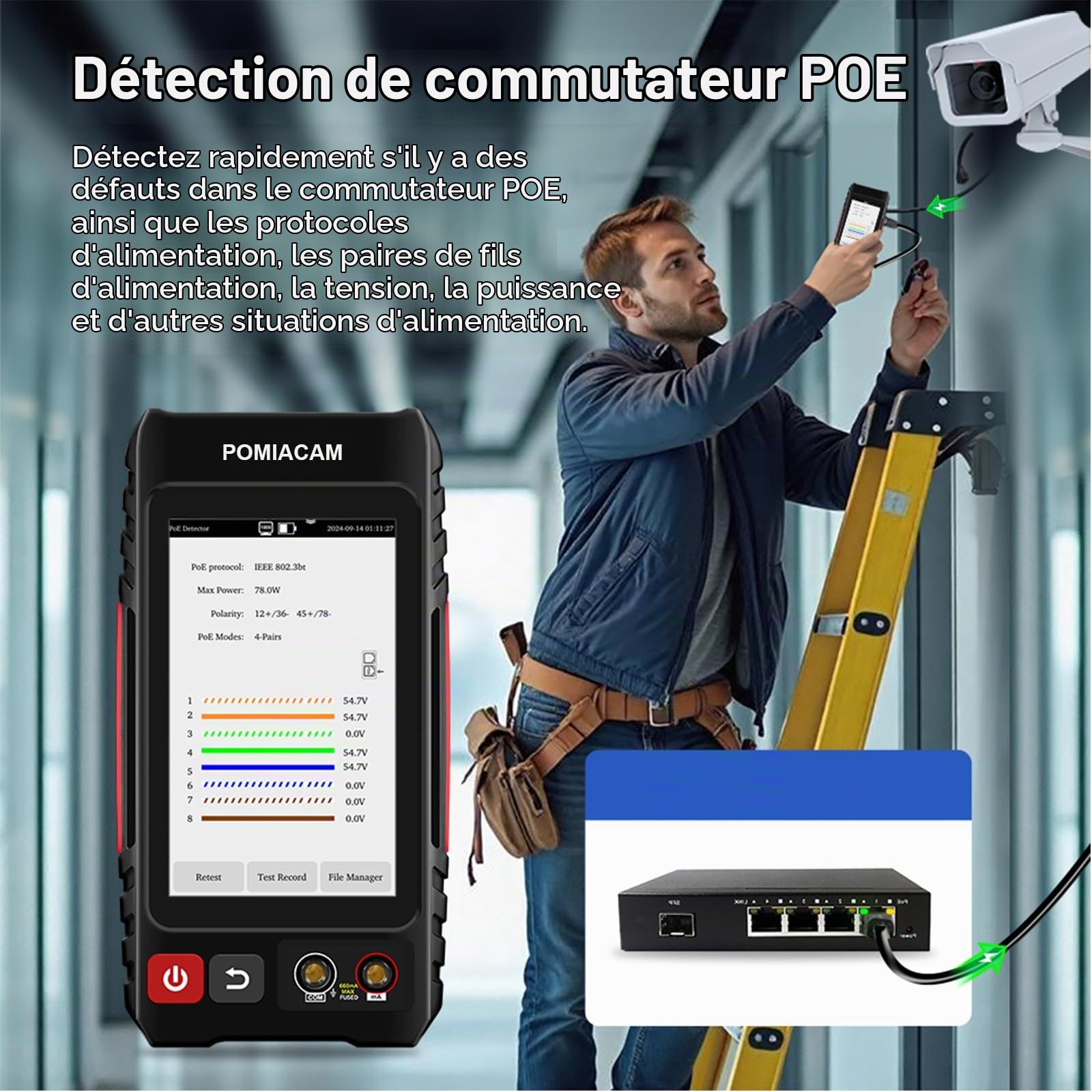 Testeur de câble réseau, testeur de câble UTP, traceur de câble Ethernet, écran tactile IPS de 4 pouces, VFL OPM DMM TDR, niveaumètre, détection PoE++, RJ45 TDR, mesure de longueur de câble, outils