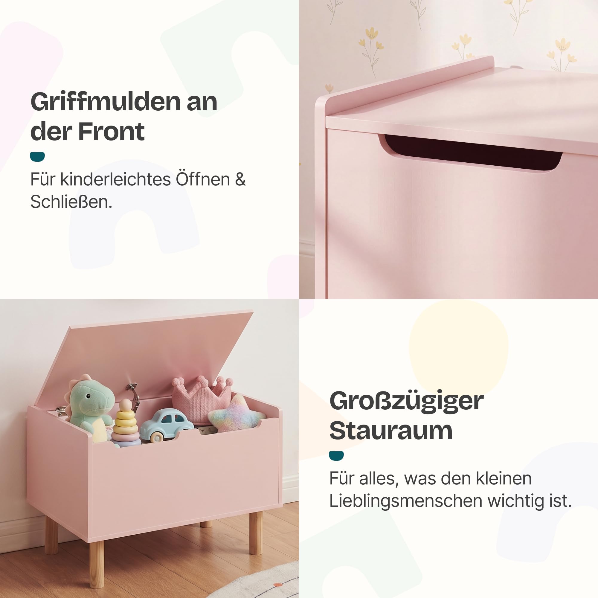 [en.casa] Spielzeugkiste mit Deckel Virer Kuscheltier Aufbewahrung Kinderzimmer Truhe Spielzeugbox 60 x 40 x 45 cm Aufbewahrungsbox Holzbeine Rosa