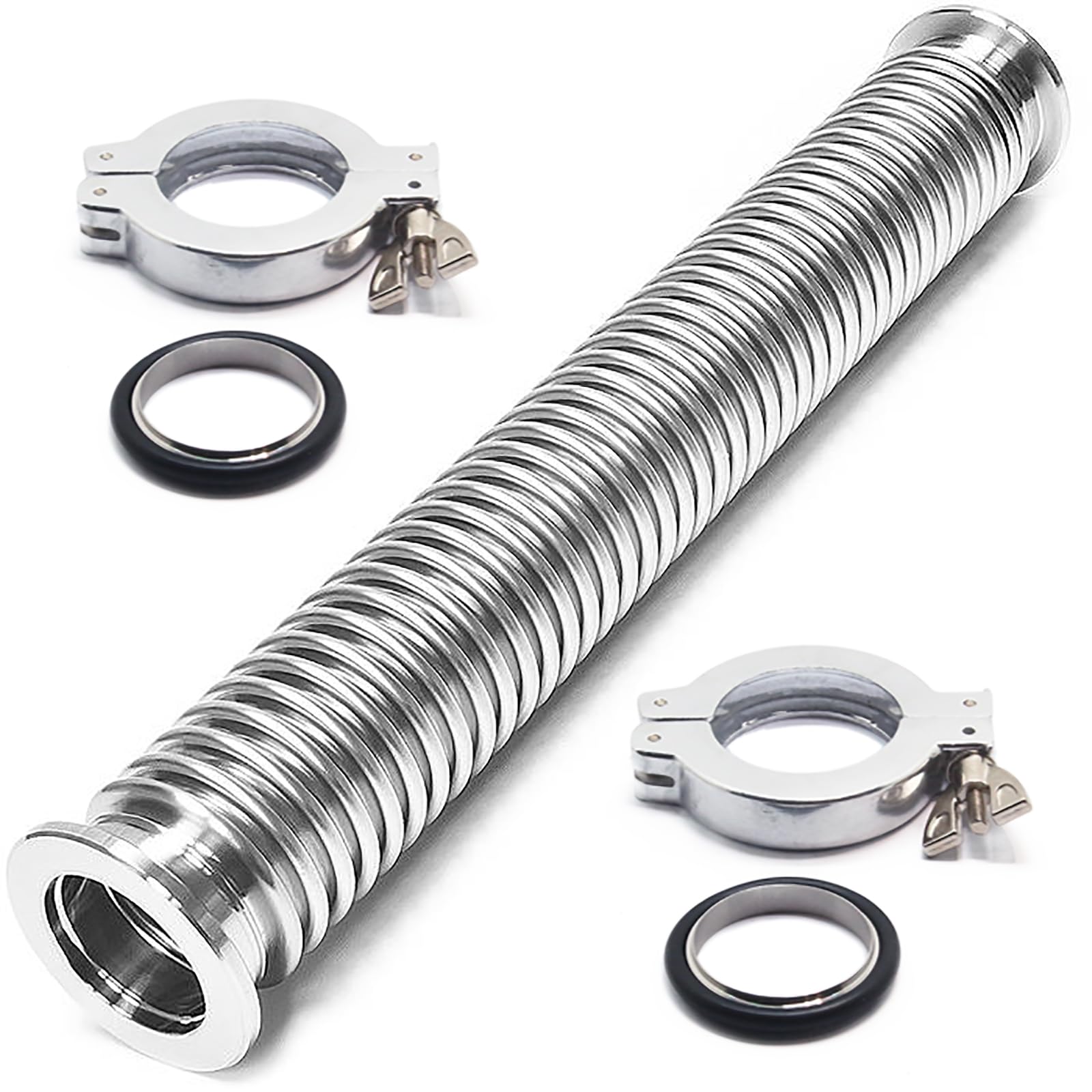 SS304 KF40 - Juego de manguera de fuelle corrugado al vacío con 2 abrazaderas de aluminio, 2 anillos de centrado, 2 juntas tóricas FKM (750 mm)