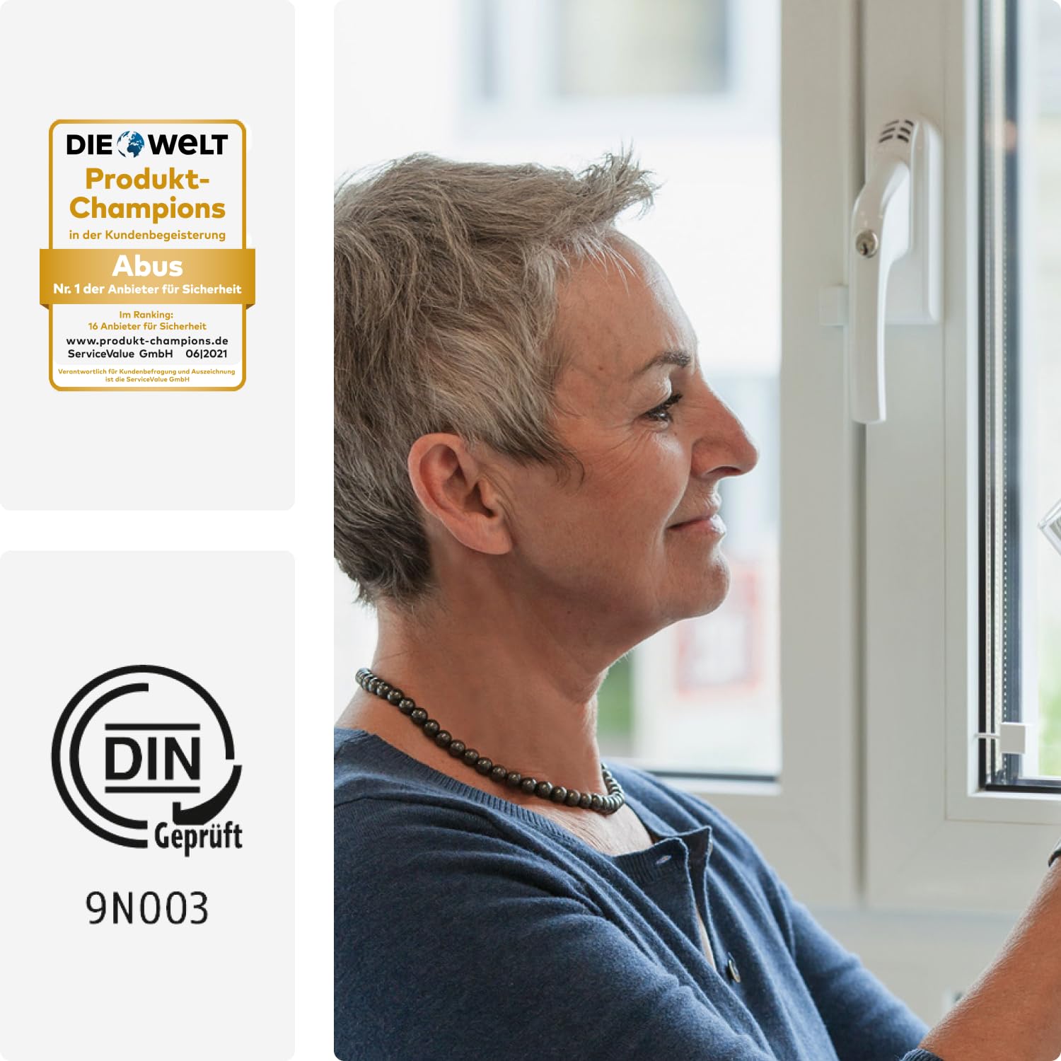 ABUS Tirador de ventana con cerradura FG300A AL0145 – Pomo para ventana con cilindro de presión y función de alarma, cierre uniforme, nivel de seguridad ABUS 7 – 71900 – Blanco