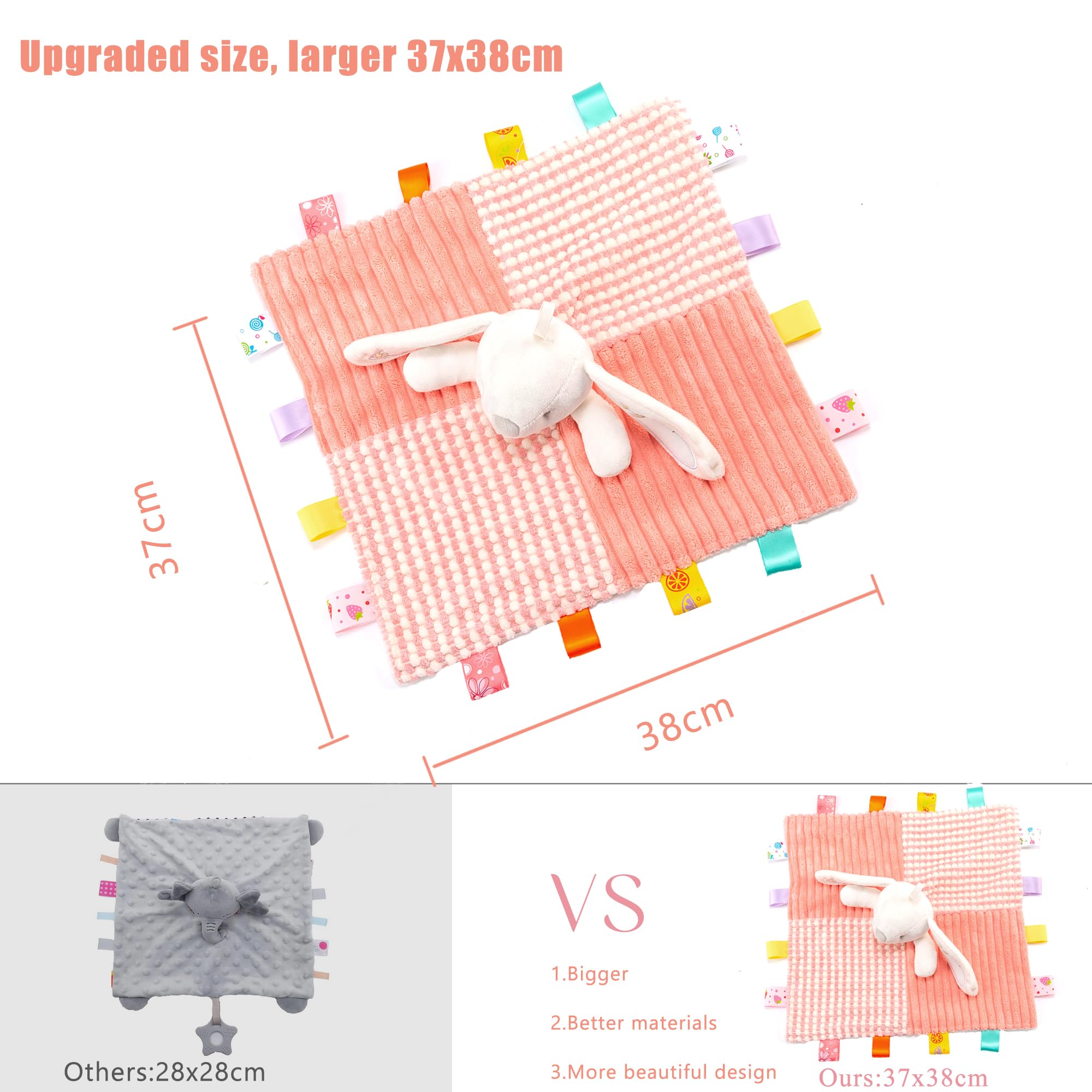 EAQ Baby Comforters with Taggies and Bell 38x38cm Baby Essentials for Newborn soft baby toys for Newborn baby girl Easter gift (Rabbit) - Image 4