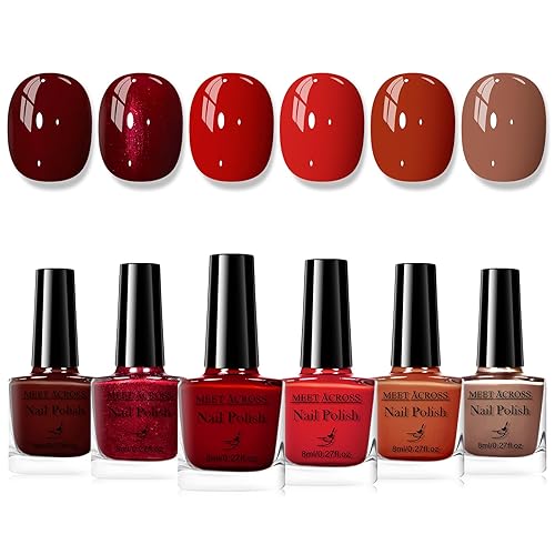 MEET ACROSS 6Pcs Red Nail Polish Set Nude Brown Quick