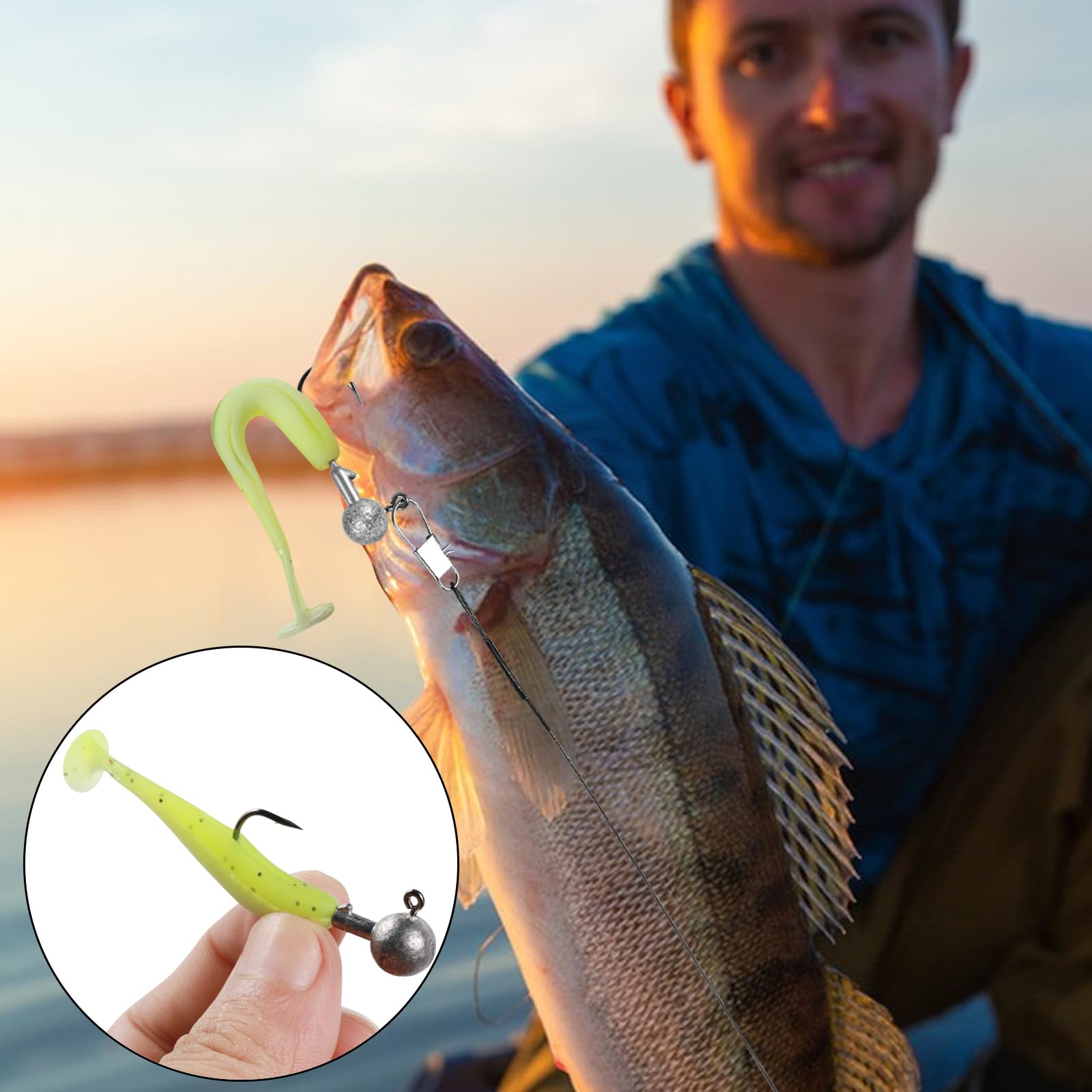 58 Pz / 6 Dimensioni Teste di Jig con esche di gomma 10g/7g/5g/3,5g/1,8g/1g Ganci da pesca con palline di piombo rotonde Esche morbide realistiche bicolori per acqua dolce salata per persico