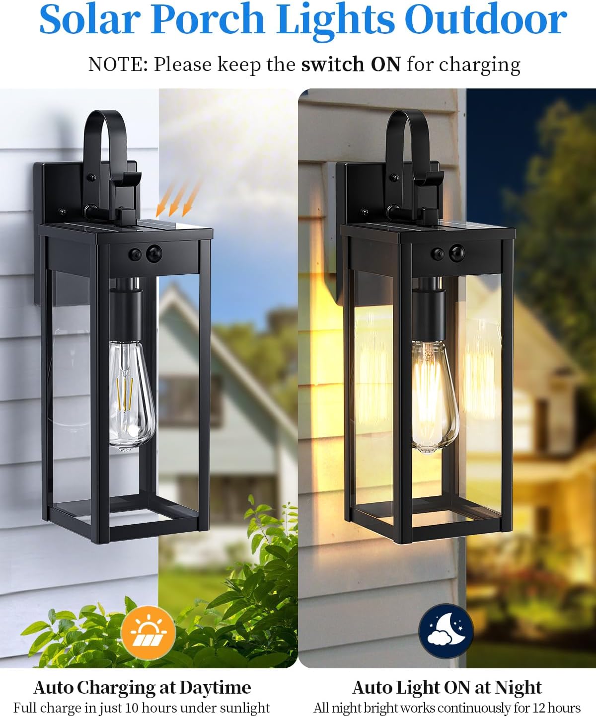 Two MYHXQ solar porch lights mounted on a house wall. One light is shown in daylight with sun rays indicating charging, and the other is shown at night, illuminated. Text indicates 'Auto Charging at Daytime' and 'Auto Light ON at Night'.