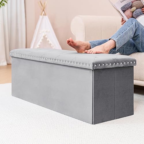 Miniatura 16 de PINPLUS Banco otomano de almacenamiento negro para dormitorio, baúl plegable de terciopelo con bancos, taburete para reposapiés, baúl grande y largo