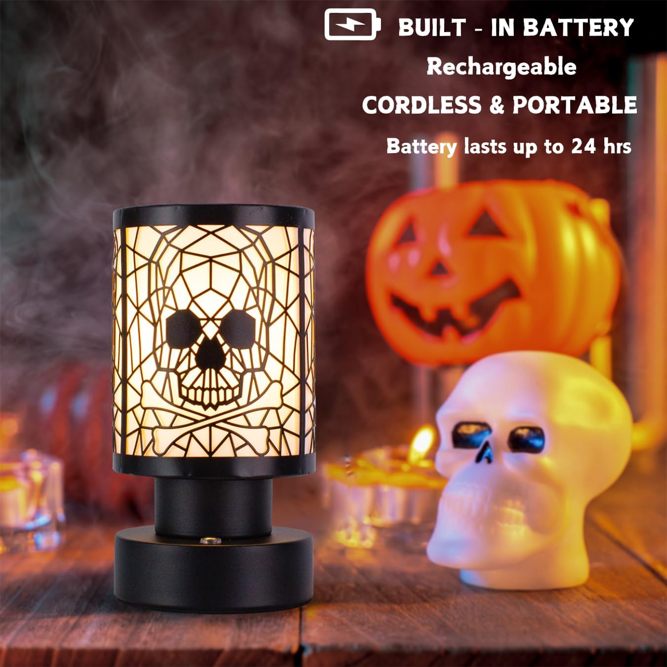 Rechargeable Cordless Touch Desk Lamp with Metal Skull Lampshade, 3-Level Dimmable, Halloween Theme, for Bedroom, Living Room, Restaurant, Bar
