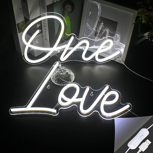 Looklight One Love Neon Sign Acrylic White LED Neon Light USB Powered Love Neon Signs for Wall Decor Light up Sign Decor for Bedroom Bar Wedding Birthday Party Valentine's Gift