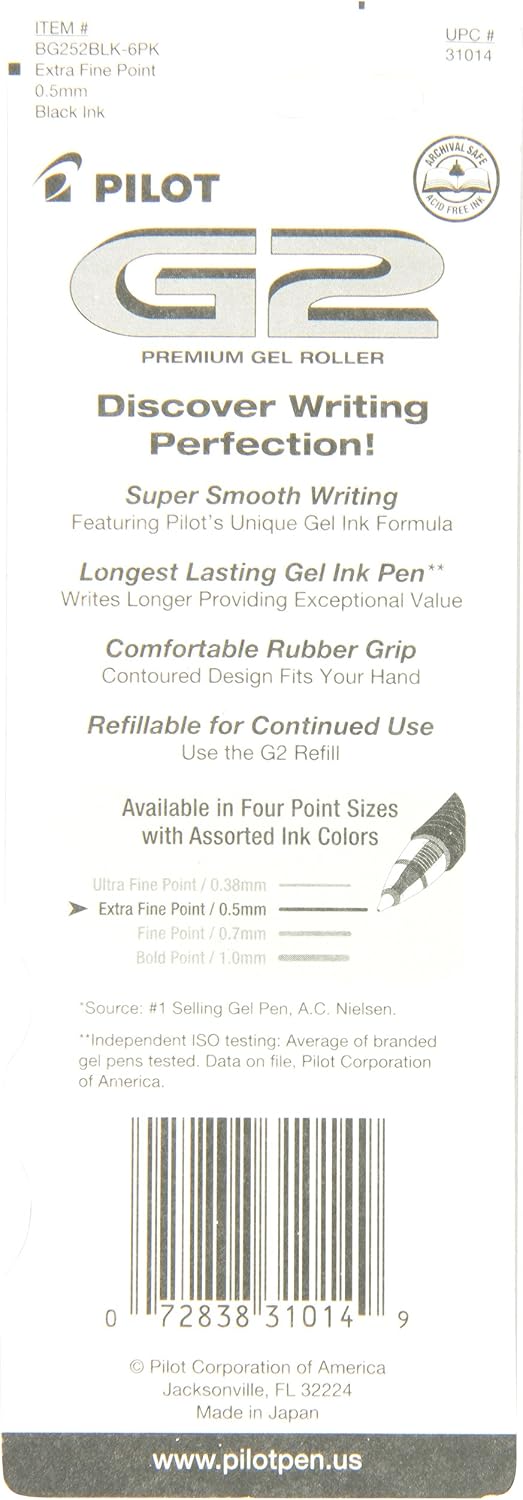 Pilot, G2 Premium Gel Roller Pens, Extra Fine Point 0.5 mm, Pack of 2, Black