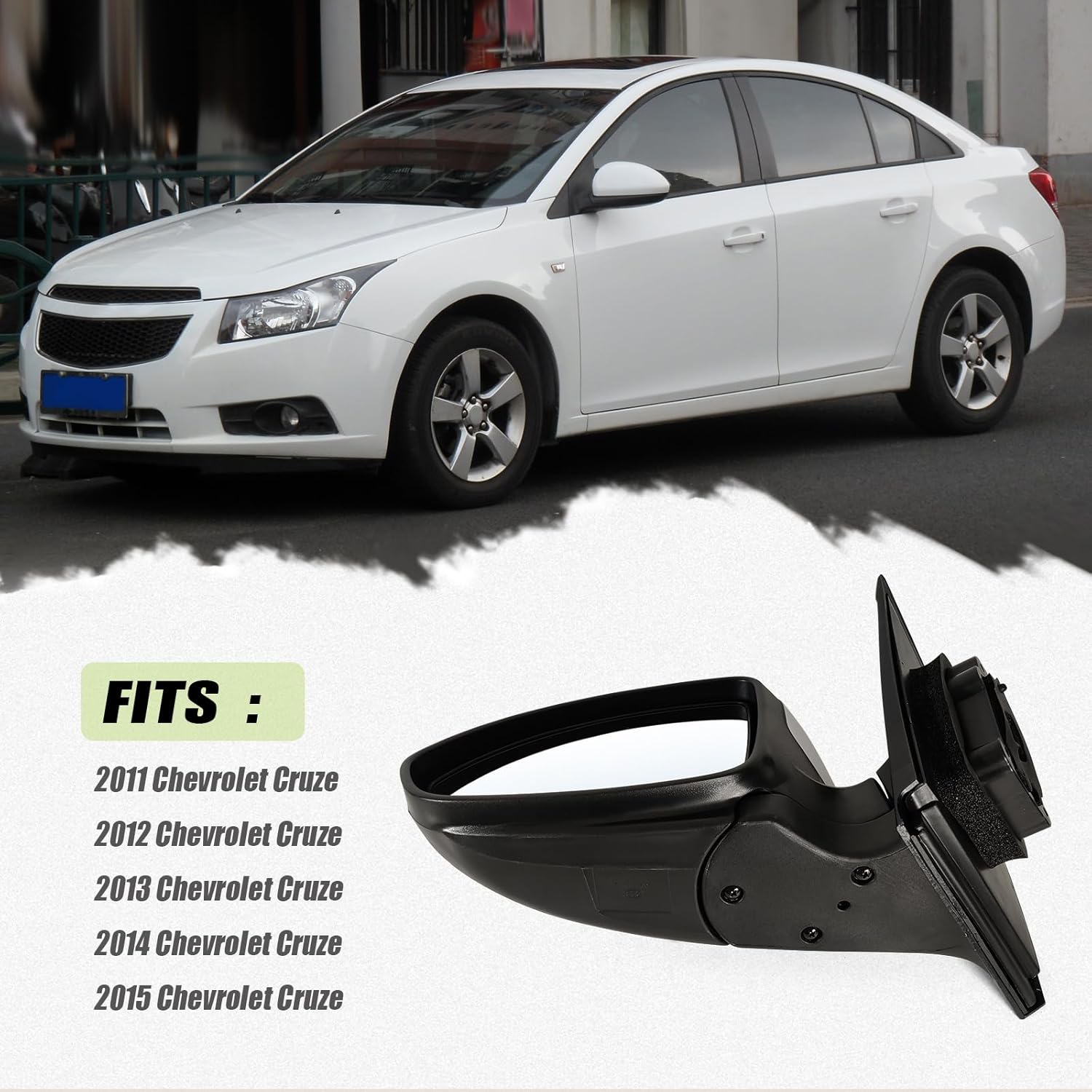 left Driver Side Mirror Fits 2011-2015 Chevy Cruze Sedan/Hatchback with Power Glass without Heated without Turn signal Match Summit White Replace GM1320420 (3 Pins)