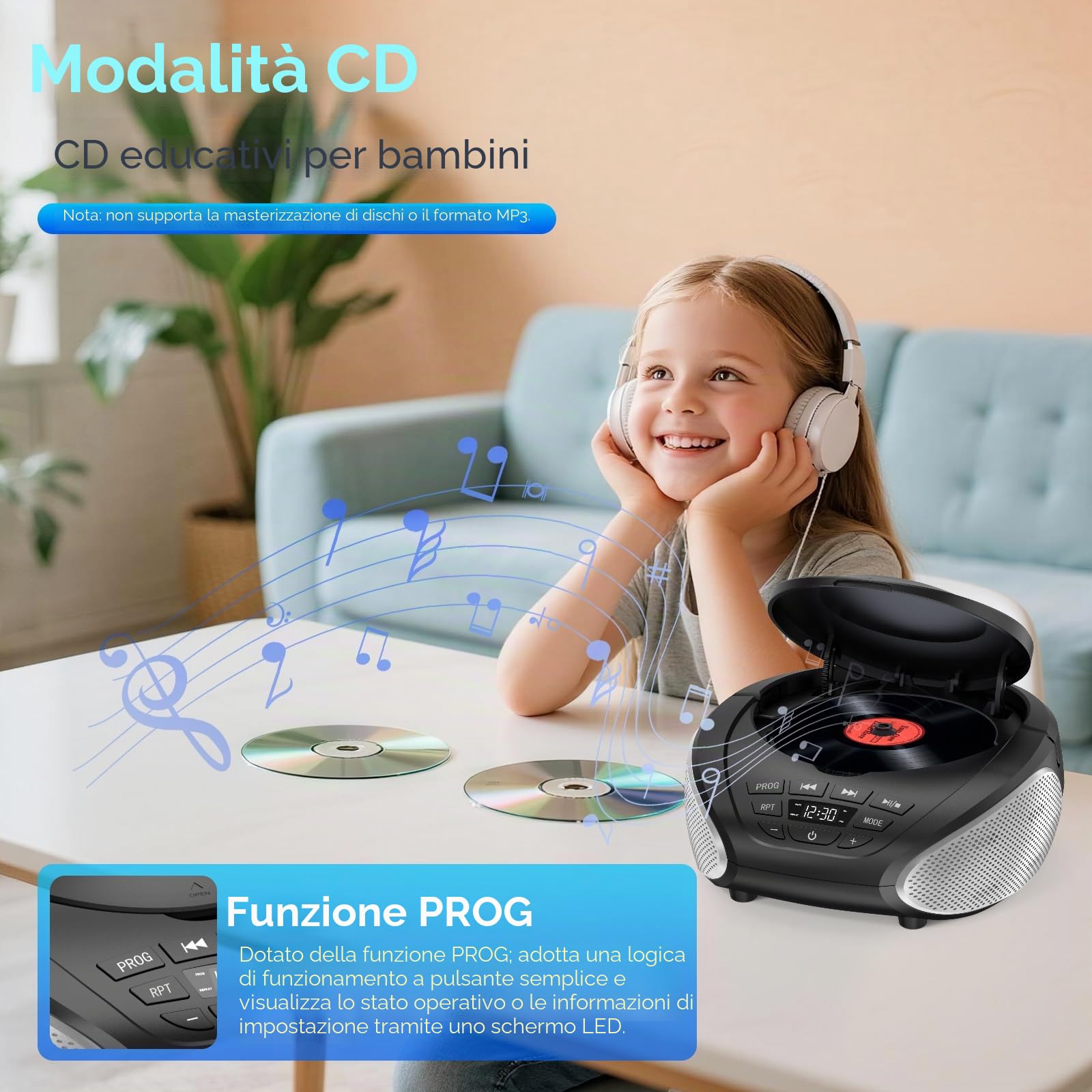 Gueray Lettore CD Portatile Boombox - Radio CD Compatto con Altoparlanti Stereo, Radio FM, Ingresso AUX 3.5 mm, Jack per Cuffie e Display LCD per Interni, Esterni, Viaggi & Audiolibri (Nero + Argento)