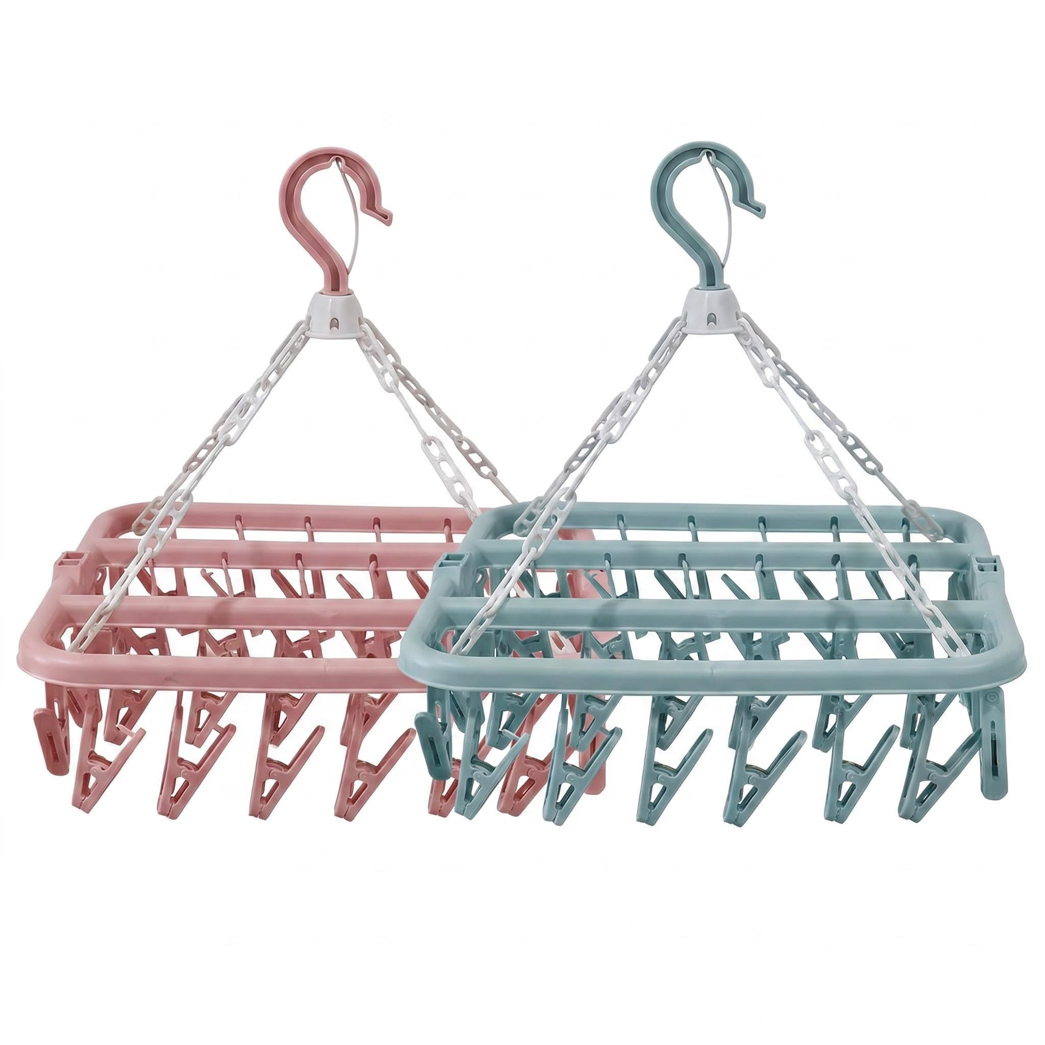 Comforso 2 Pack Foldable Clothes Horse, 360° Wind-Resistant Sock Hangers for Drying with 32 Clips, Pink and Blue Underwear Dryer Hanger, Premium PP Plastic for Baby Clothes Socks Indoor Outdoor