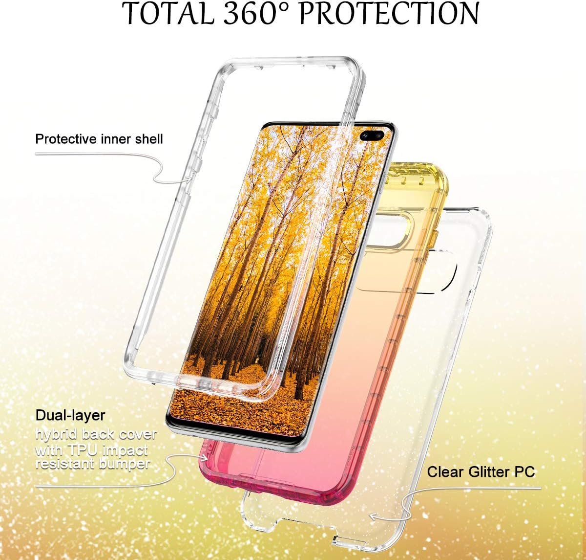 LONTECT for Galaxy S10 Plus Case Glitter Gradient Clear Sparkle Bling Heavy Duty Shockproof Hybrid Hard PC+Soft TPU Dual Layer Protective Case Cover for Samsung Galaxy S10 Plus, Yellow Pink