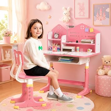 Desk for Kids, Kids Desk and Chair Set Height Adjustable for Girls, Kids Study Table and Chair Set with Widened Desktop Storage Drawer