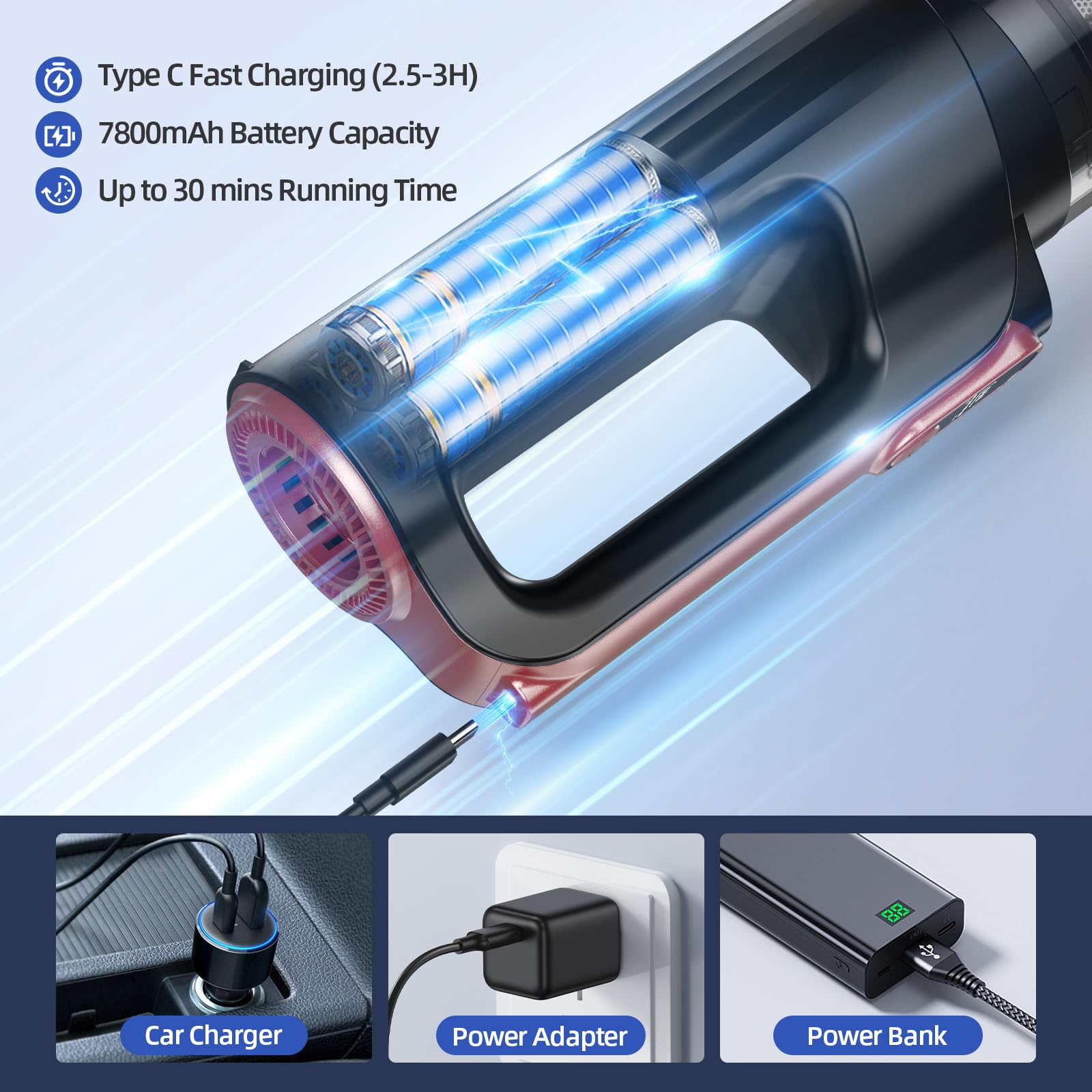 MONOZEL Handheld Vacuum Cleaner, 18000Pa 2 in 1 Cordless Car Vacuum Cleaner&Air Duster, 130W Brushless Motor with 7800mAh Battery, LED Light and Multi-Nozzles, Portable for Home, Car, Office, Pet view 8