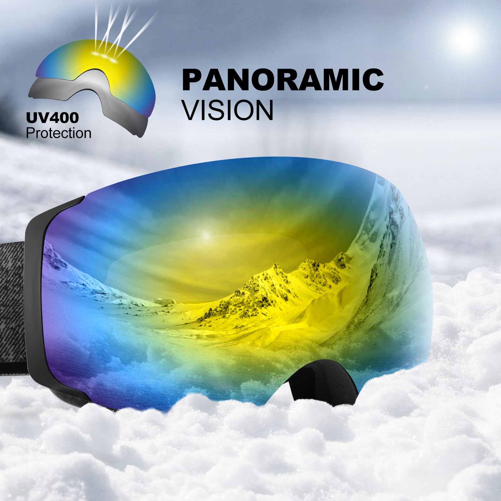 Odoland Occhiali da sci unisex per uomo e donna ragazzi occhiali da snowboard senza montatura con vetro magnetico intercambiabile protezione UV anti-nebbia occhiali da neve compatibili con casco per