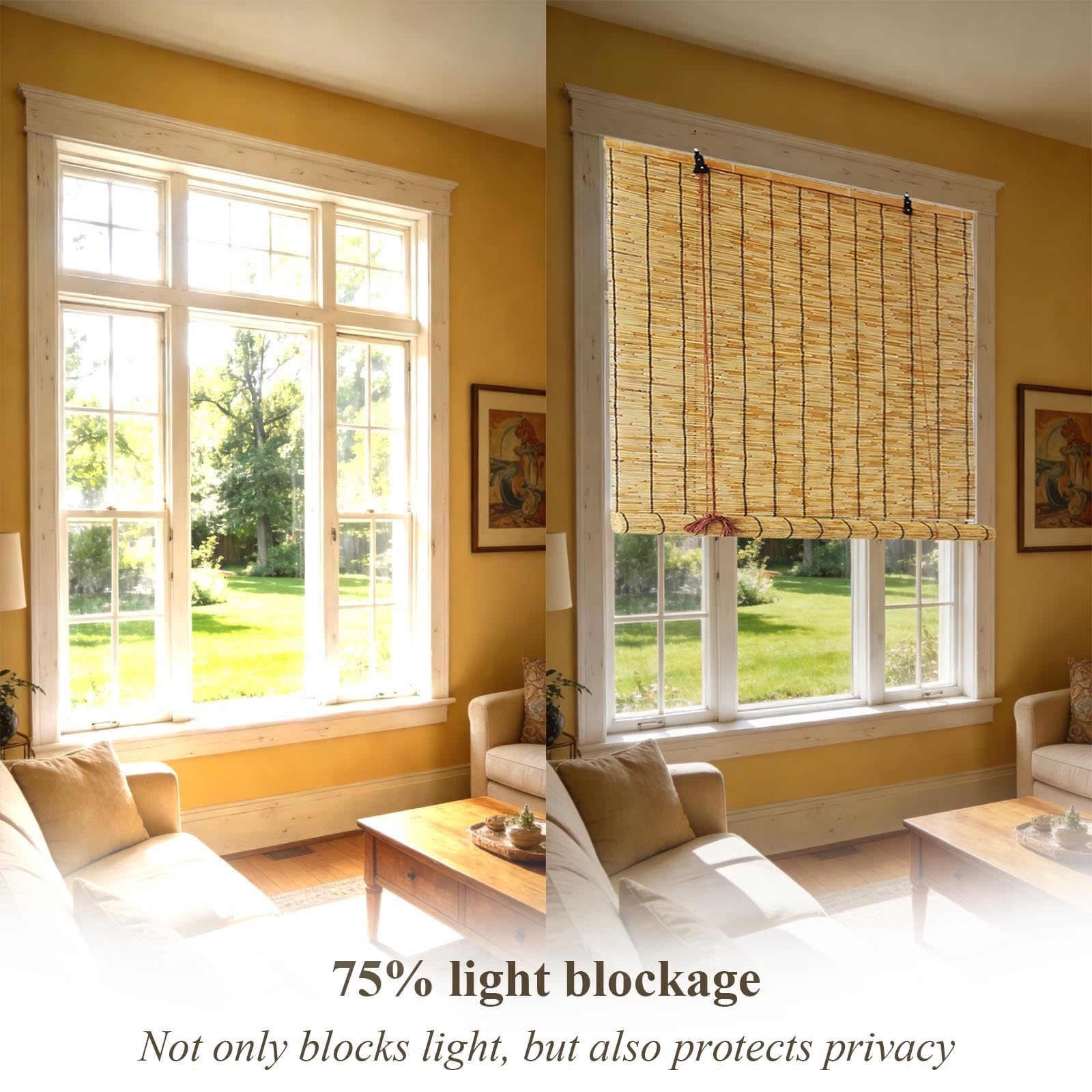 Natur Bambusrollo 60 70 80 90 100 110 120 140 160cm Breite Bambusrollo Wetterfest Aussen Schilfrohrrollo Natur Sonnenschutz Sichtschutz Rollo Outdoor Für Türen und Fenster(Natural,B150xH220 cm)