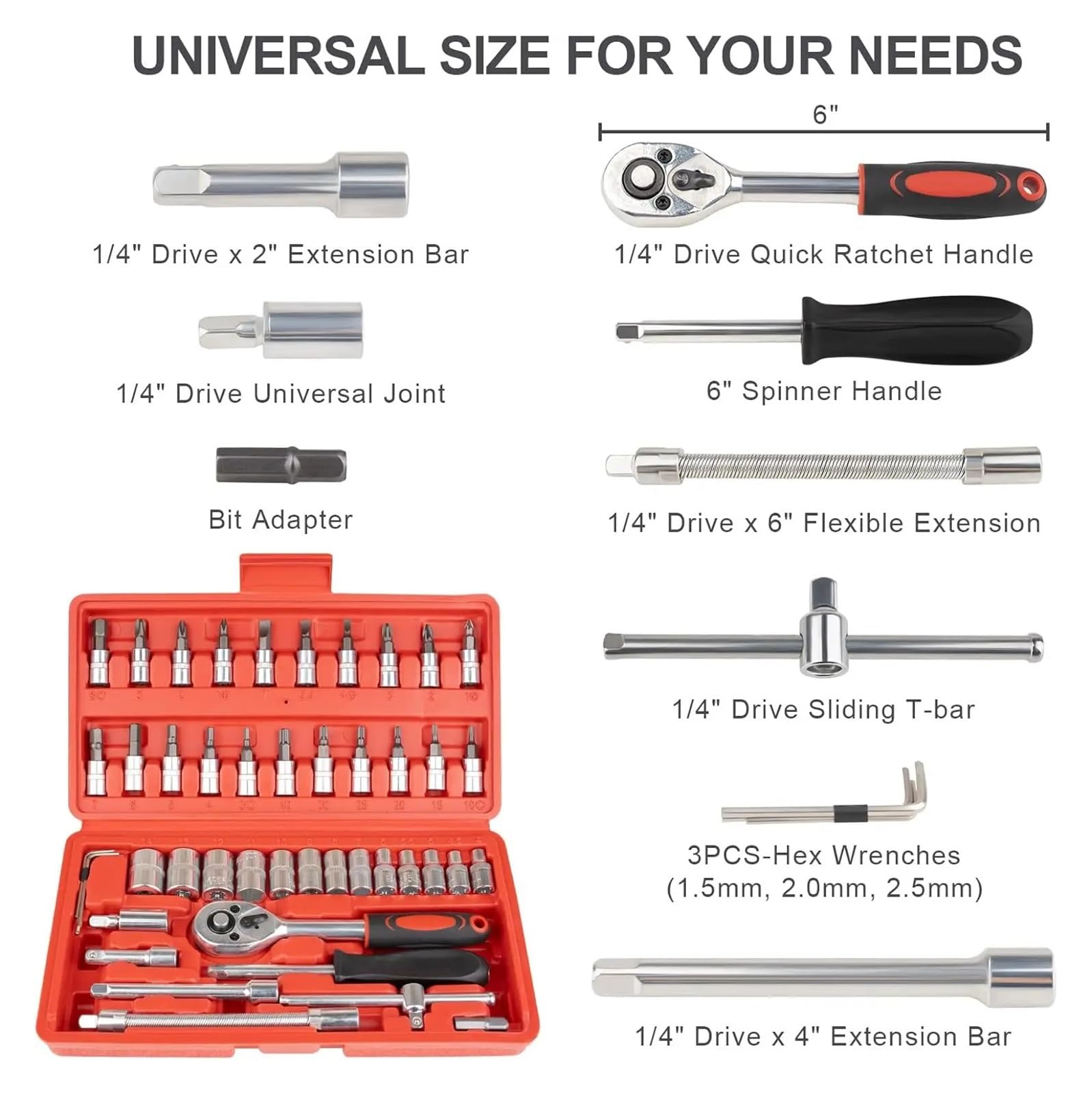 kit d'outils Jeu de clés à cliquet douille métrique 1/4 pouces, Kit d'outils Compact pour l'entretien la voiture, 46 pièces