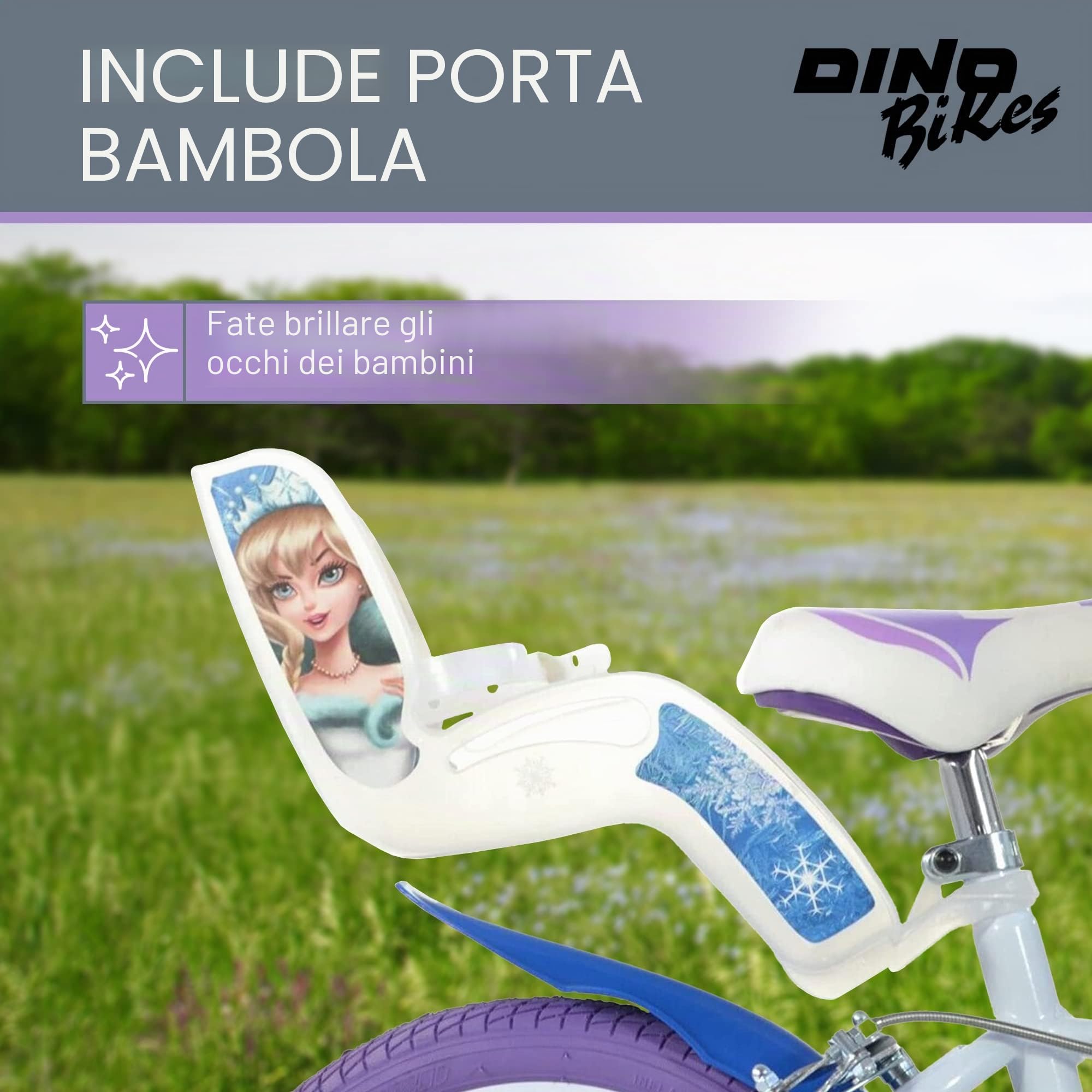 Dino Bikes - Bicicletta per bambini Frozen - Bicicletta da ragazza con ruote di supporto rimovibili a partire dai 2 anni - Bicicletta per bambini con cestino anteriore e supporto per bambole, altezza