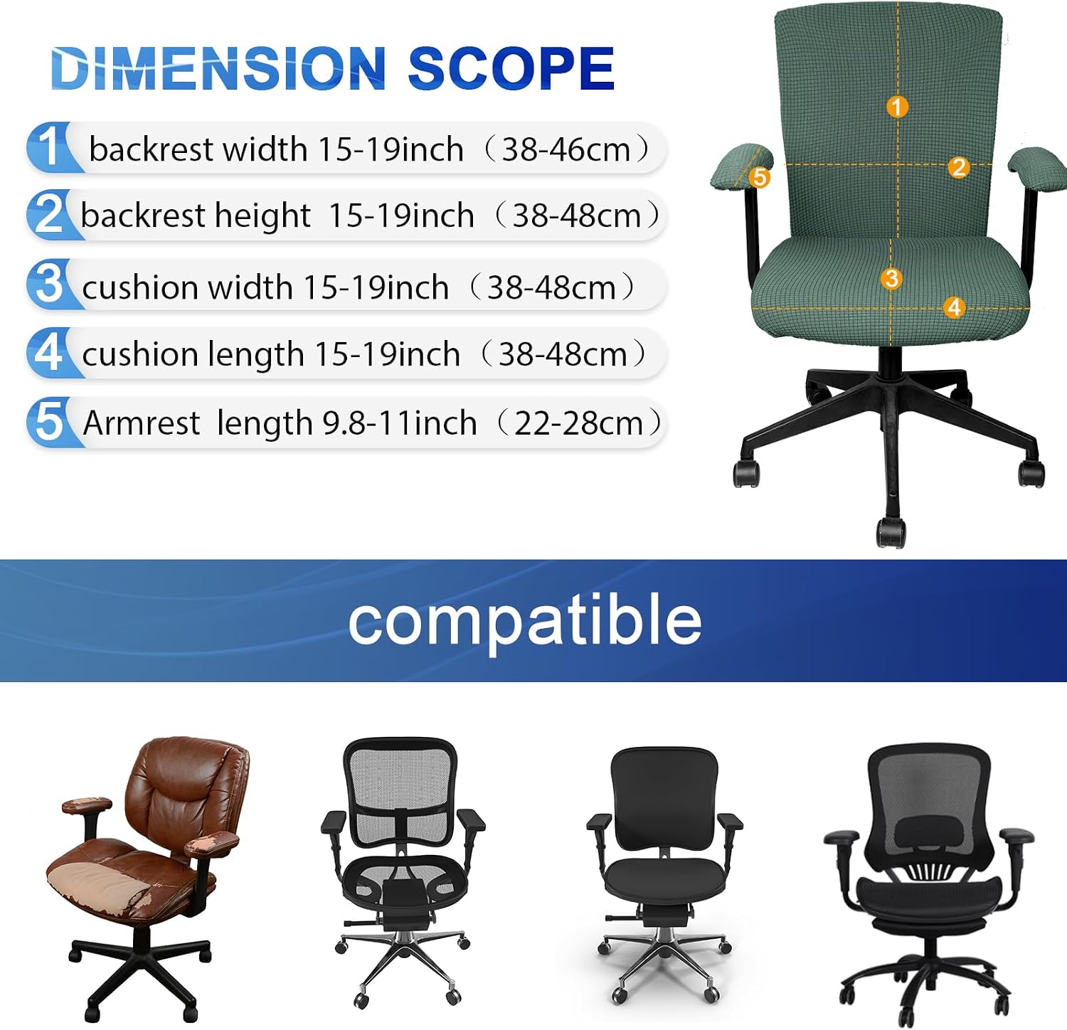 Tallew Office Chair Covers Set Computer Universal Protective Stretchable Chair Seat Covers Desk Armrest Slipcovers Pads Office Cushion Backrest for Rotating(Green)