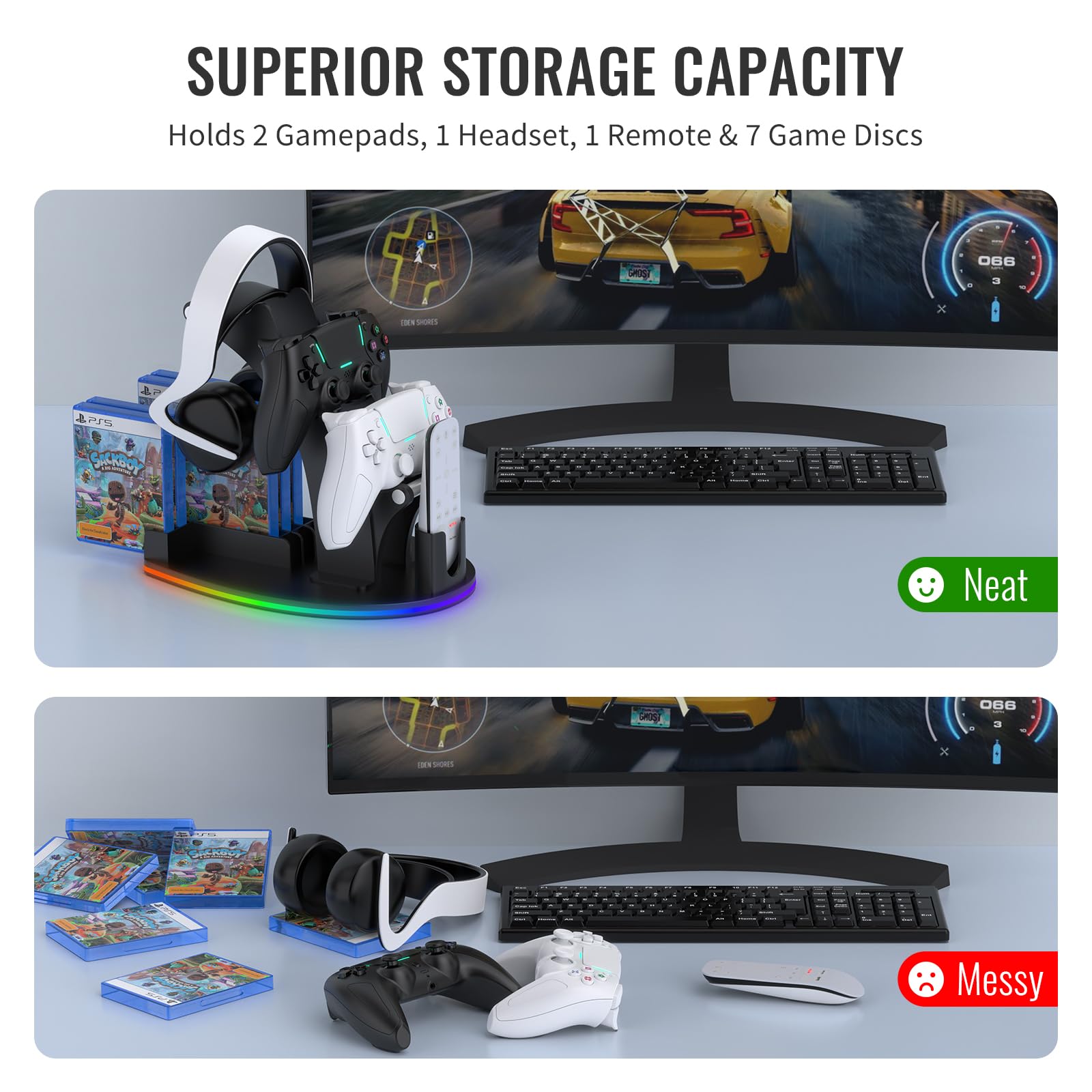Supporto per controller di gioco RGB per controller Steam 2/PS5/Xbox/Switch, supporto per cuffie con 5 modalità di illuminazione RGB, organizer per giochi e archiviazione con ricarica USB e
