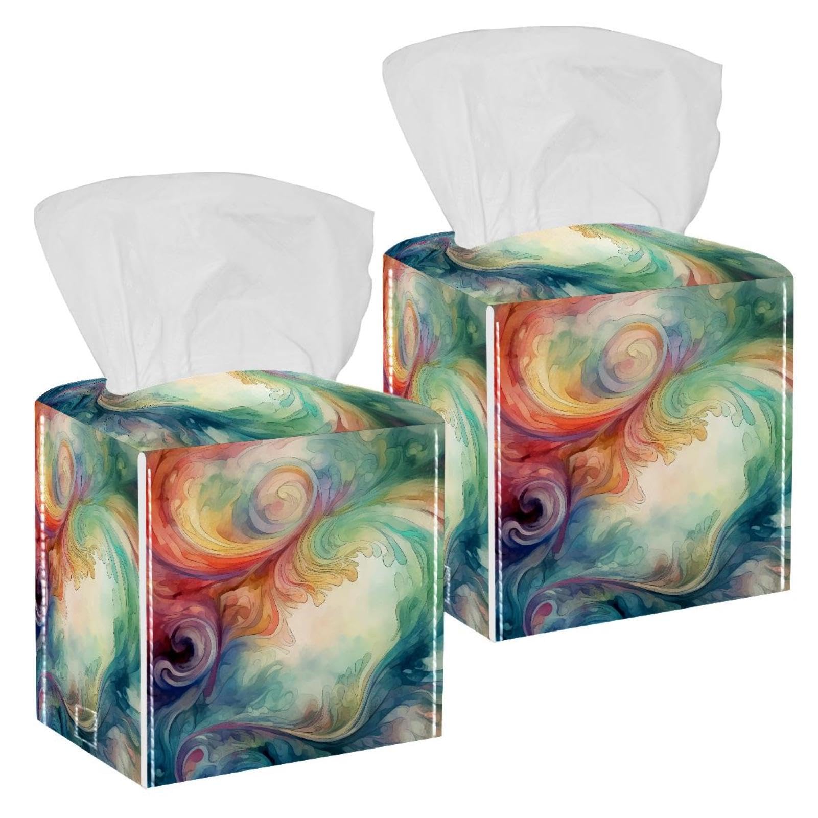 Artistic Mysterious Swirl Texture Tissue Box Cover, 2 Pack PU Leather Square Facial Tissue Dispenser Box holder for Home Office Car