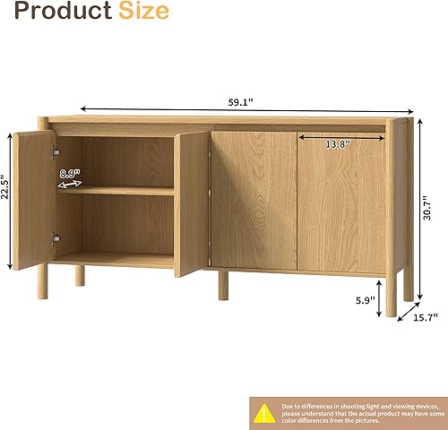Miniatura 2 de CHUWELL Armario aparador  Armario de almacenamiento de buffet de mediados de siglo de 59 pulgadas con 4 puertas, estantes ajustables y 4 patas