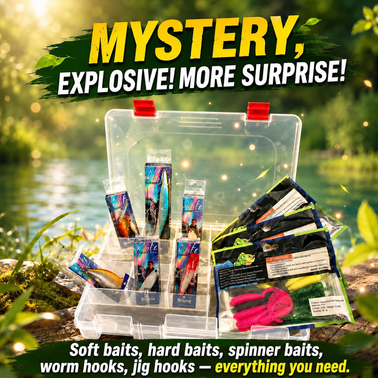 Kit de señuelos de pesca de lubina juvenil, 7 cebos suaves y señuelos duros para principiantes, juego multiusos de agua dulce con caja de aparejos, tarjetas de instrucciones, aparejo Texas y Drop Shot