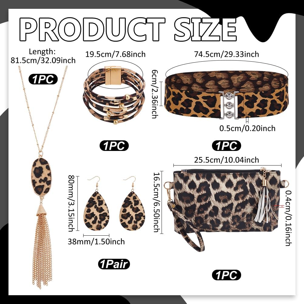 UNICRAFTALE 6Pcs Leopard Print Jewelry Set Boho Leopard Necklace Teardrop Earrings Multi Layered Bracelets Clutch Purse Belt Winter Stylish Jewelry Christmas Gift for Women - Image 3